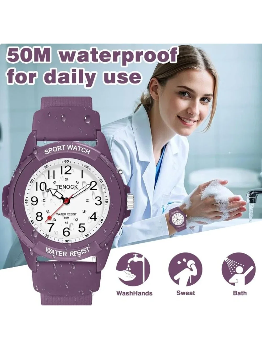 Stylish Waterproof Analog Watch for Women Nurses - Night Light, 50M, 12/24H